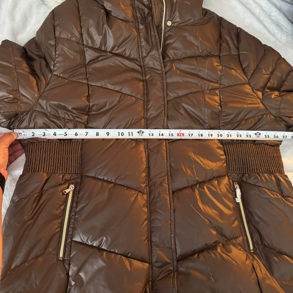 30 First Brown Puffer Parka Faux Fur Hood Cinched Waist Winter Coat Womens 3XL